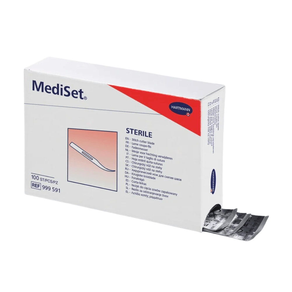 A white Hartmann box with a red stripe and the word “Steril” printed on it contains 100 sterile blades, some of which are sticking out. Text in several languages is visible. Brand: Paul Hartmann AG.