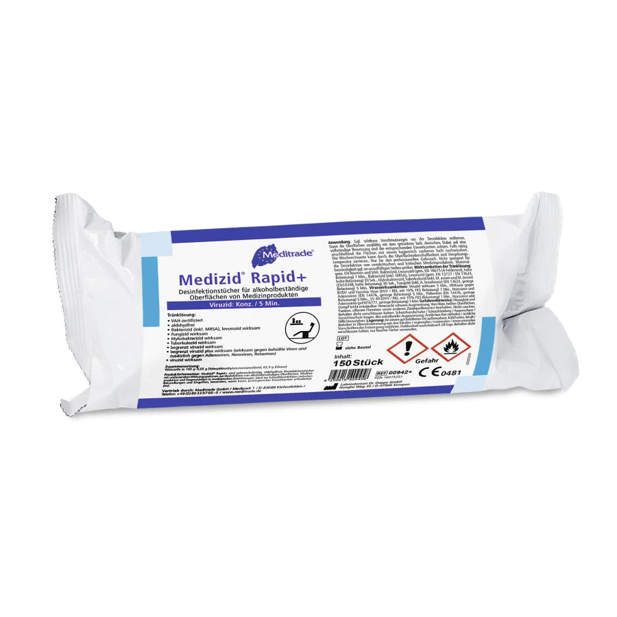 Packung Meditrade Medizid® Rapid+ Desinfektionstücher in einer weiß-blauen Kunststoffverpackung mit Etiketten und Sicherheitsinformationen in deutscher Sprache. Enthält 150 Tücher.