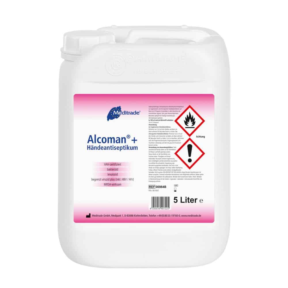 Ein 5-Liter-Kanister aus weißem Kunststoff mit Meditrade Alcoman® plus Händedesinfektionsmittel-Gel mit deutscher Beschriftung, Sicherheitssymbolen und Produktdetails auf einem rosa Etikett.