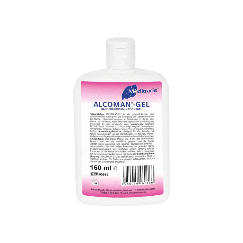 Eine 150 ml Flasche Meditrade Alcoman® Gel Händedesinfektion, ein rosafarbenes Handdesinfektionsgel der Meditrade GmbH. Das Rückenetikett zeigt Inhaltsstoffe und Anwendungshinweise in schwarzer Schrift auf weißem Hintergrund.