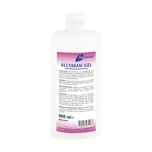 Eine 500 ml Flasche Meditrade Alcoman® Gel Händedesinfektion mit Produktinformationen und Gebrauchsanweisung in Deutsch auf einem weiß-rosa Etikett. Die Flasche hat einen Klappverschluss und erscheint