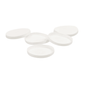 Five translucent, oval, white tablets are arranged on a solid white background next to a discontinued item from Meditrade GmbH: lids for single-use medical cups 30ml (pack, 750 pieces).