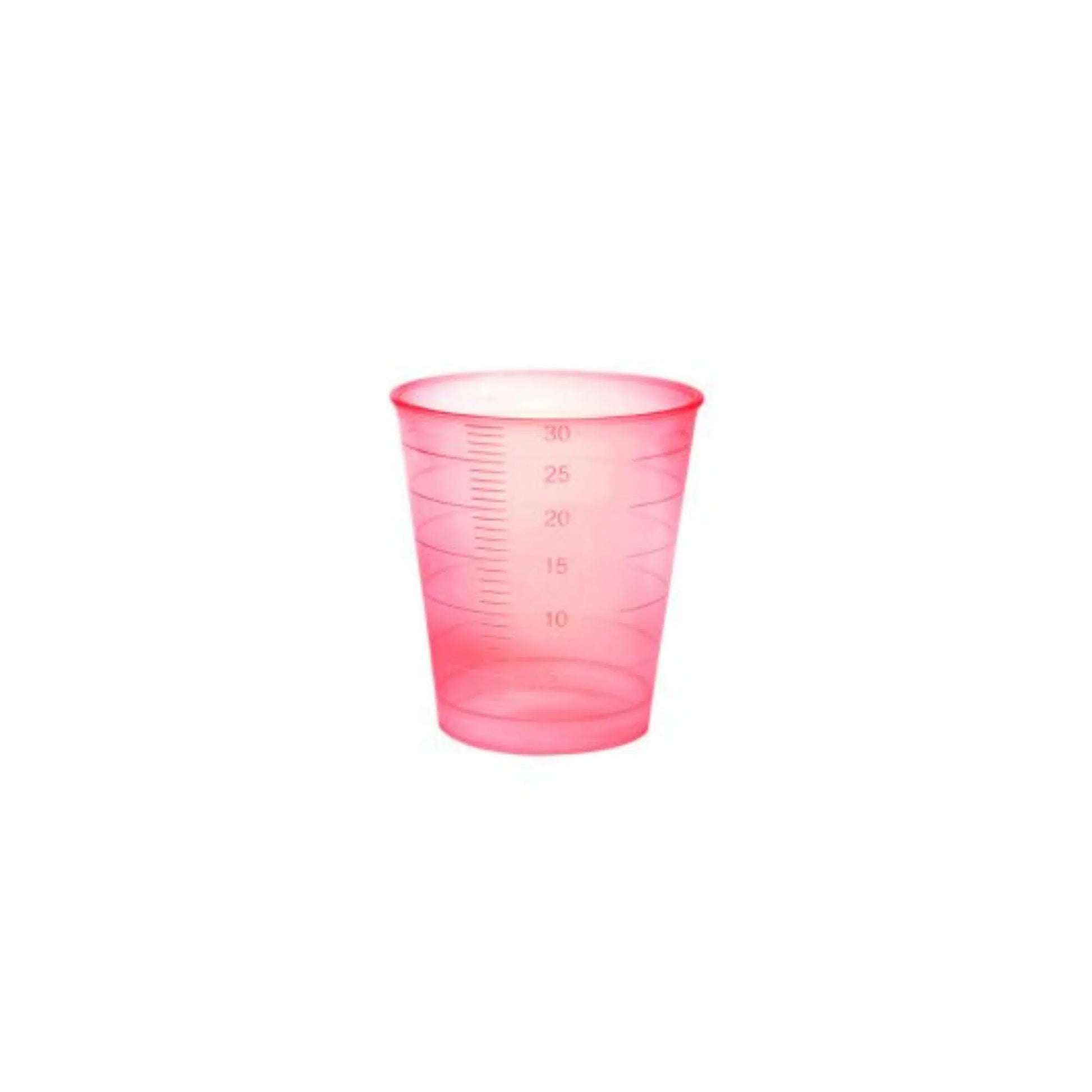 Ein transparenter rosa Meditrade Einmal-Medizinbecher mit Messlinien, die das Volumen in Millilitern anzeigen.