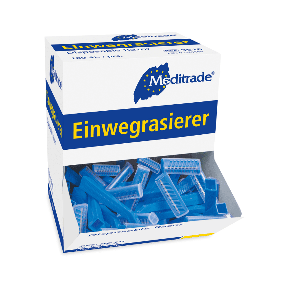 Eine Schachtel mit einseitigen, unsterilen Einwegrasierern von Meditrade GmbH (Meditrade), geöffnet, um darin vor einem weißen Hintergrund mehrere blaue Rasierhobel zu zeigen.