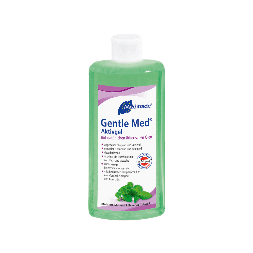 A 500 ml bottle of Meditrade Gentle Med® Active Gel from Meditrade GmbH, containing a cooling green gel enriched with natural essential oils such as menthol and rosemary. The German label is complemented by a white flip-top cap.