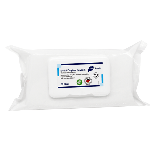 Eine Packung Meditrade Medizid® Alpha+ Flowpack Flächendesinfektion Tücher, enthaltend 80 Tücher, in einer weißen Kunststoffverpackung mit Produktinformationen und Logos auf der Seite.