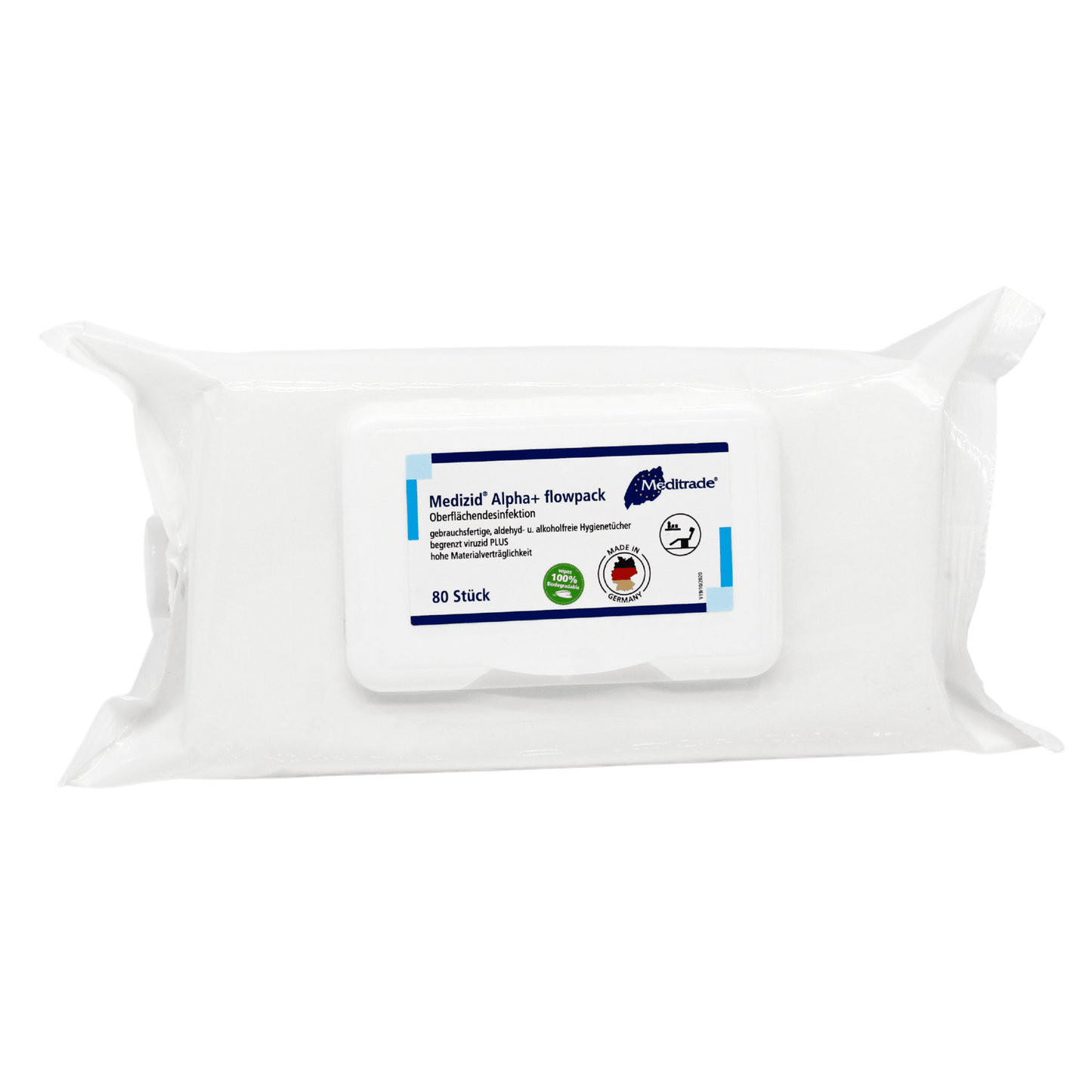 A pack of Meditrade Medizid® Alpha+ Flowpack surface disinfection wipes, containing 80 wipes, in a white plastic packaging with product information and logos on the side.