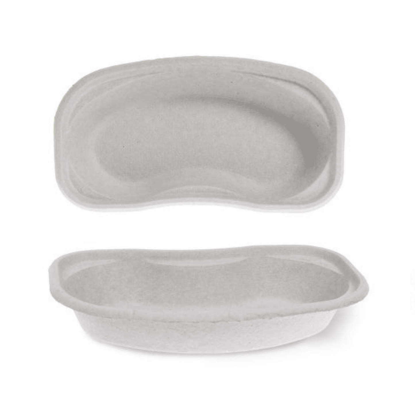 Two Meditrade BeeSana® kidney trays made of disposable paper pulp on a white background, one viewed from above and the other from the side.