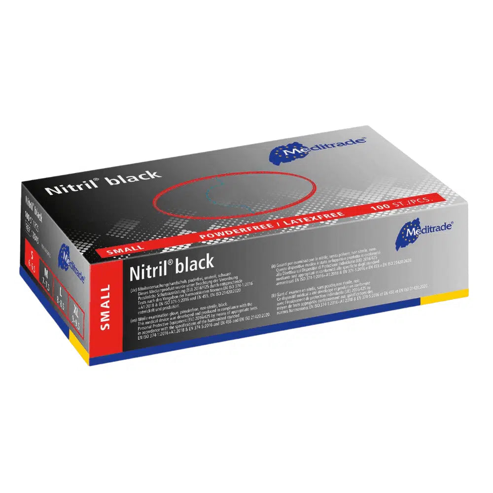 Eine Schachtel mit Einweghandschuhen Meditrade Nitril® schwarz Nitrilhandschuhe in schwarz, Größe S. Die Schachtel ist überwiegend schwarz und blau mit einem Text, der darauf hinweist, dass die Handschuhe puderfrei und latexfrei sind. Der Inhalt ist 
Meditrade GmbH.