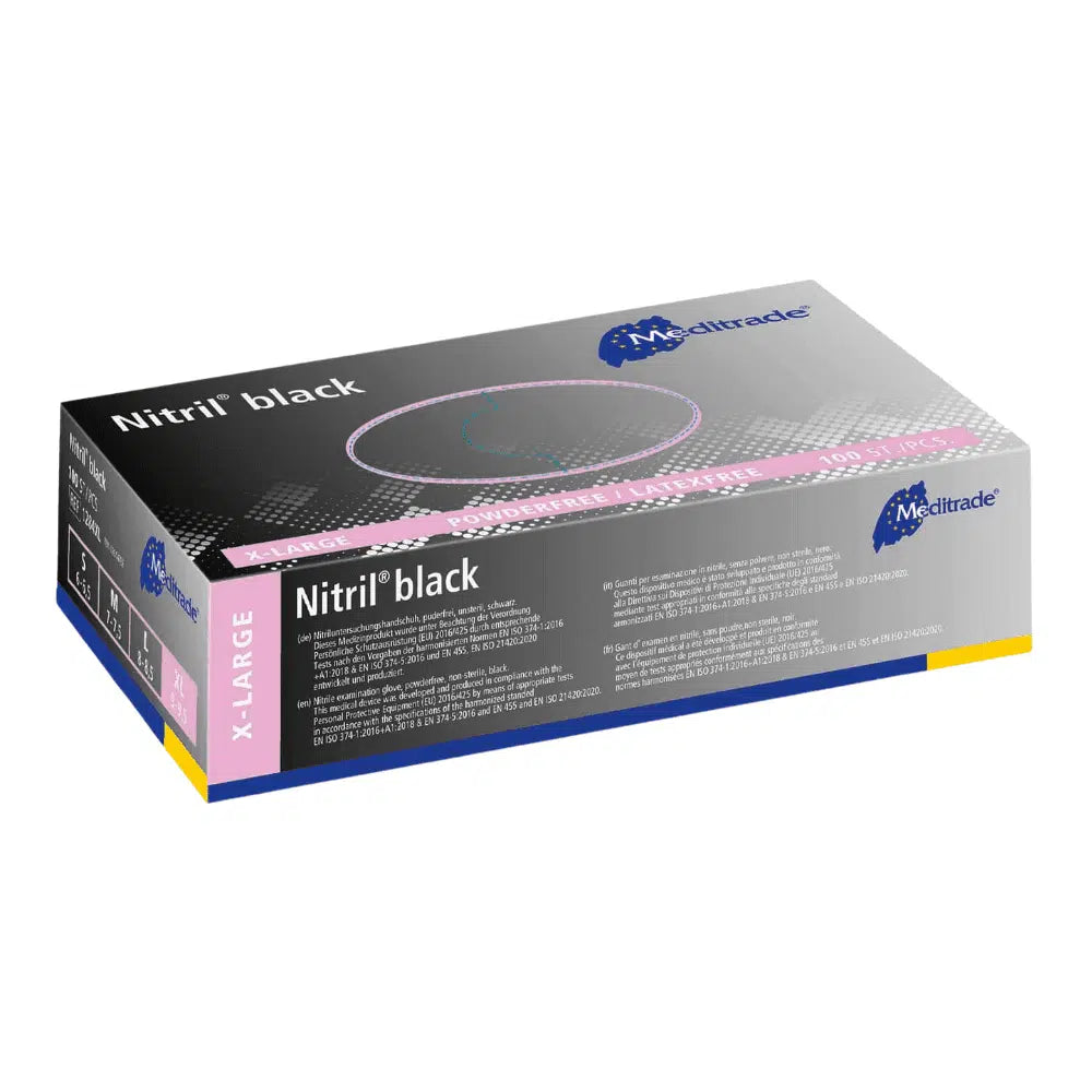 Eine Schachtel schwarzer Meditrade Nitril® Nitrilhandschuhe der Meditrade GmbH in Größe XL, mit einem blauen und violetten Design mit Text und Grafiken auf hellgrauem Hintergrund.