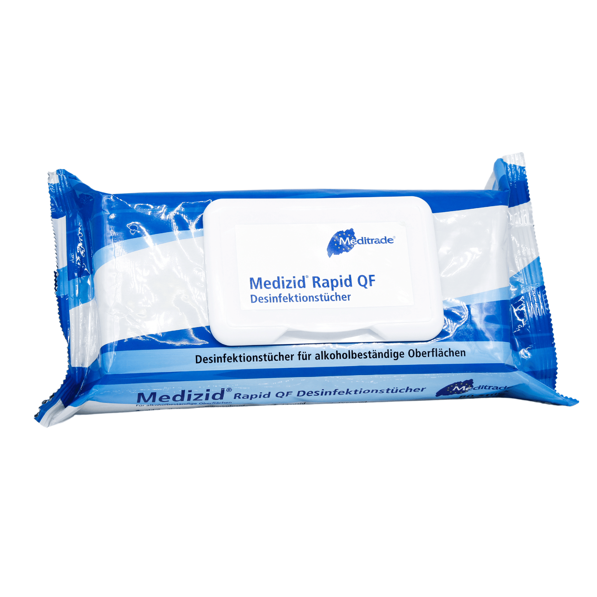 Ein verpacktes Meditrade Medizid® Rapid QF Flowpack Desinfektionstuch für alkoholbeständige Oberflächen, abgebildet vor einem weißen Hintergrund. Die Verpackung ist blau und weiß mit deutschem Text.