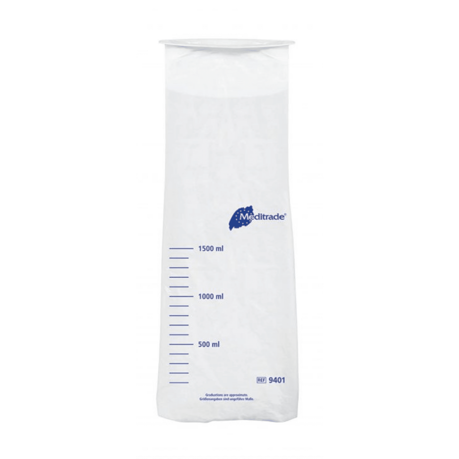 Ein durchsichtiges, graduiertes Kunststoffmaß aus Polyethylen mit blauen Messmarkierungen und blauem „Meditrade GmbH“-Logo, das Volumenkapazitäten von 500 ml bis 1500 ml anzeigt.