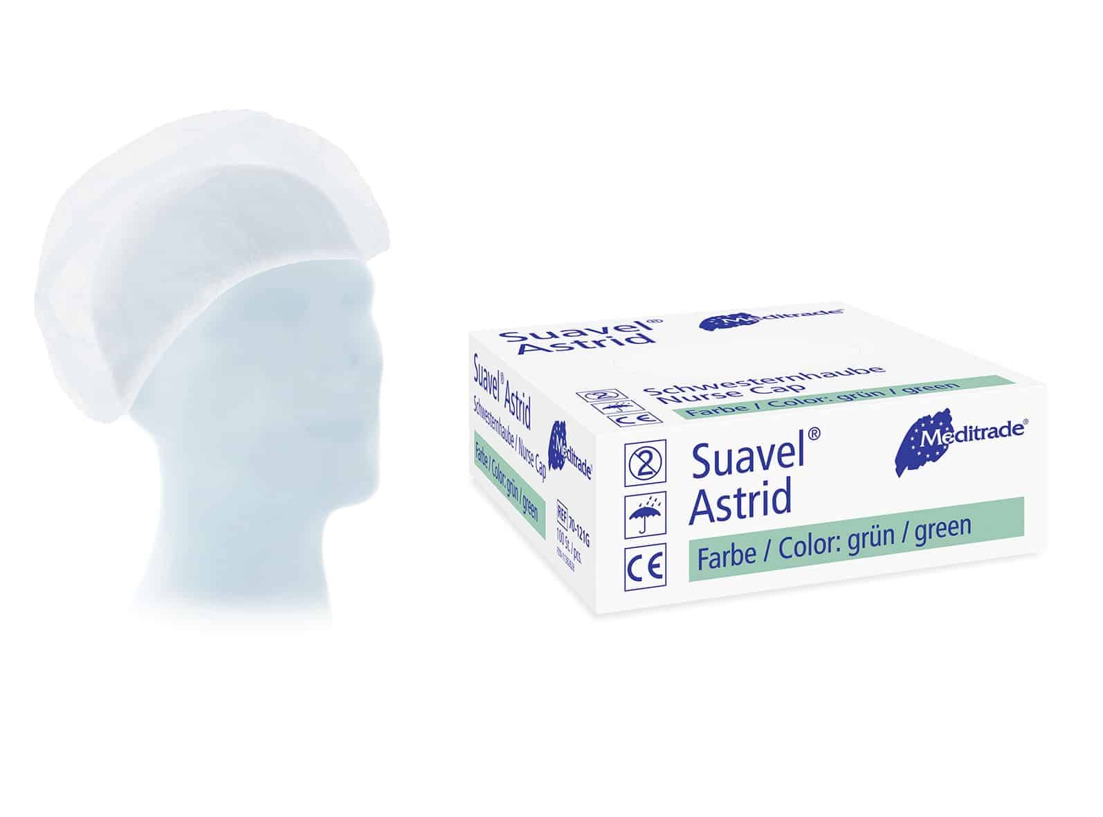 Ein Schaufensterpuppenkopf mit einer weißen OP-Haube neben einer Schachtel Meditrade Suavel® Astrid Schwesternhaube XL – weiß, isoliert auf einem weißen Krankenhaushintergrund.