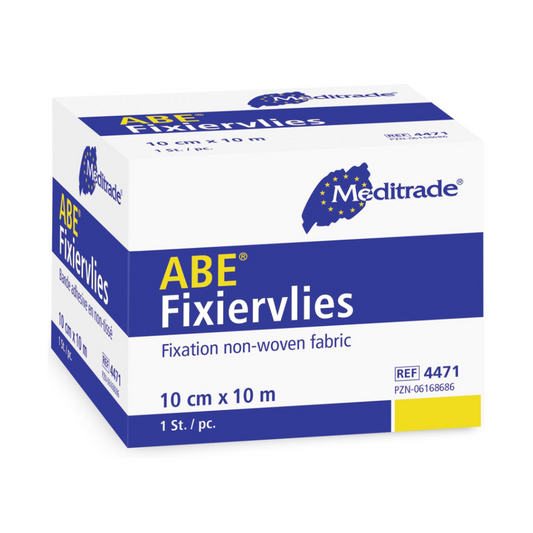 Abbildung einer Schachtel Meditrade ABE® Fixiervlies, selbstklebend, ideal zur Verbandfixierung. Die weiße Schachtel mit blauen und gelben Akzenten enthält 10 cm x 10 m Fixiervlies, geeignet für empfindliche Haut. Referenznummer: 4471, PZN: 06168686.