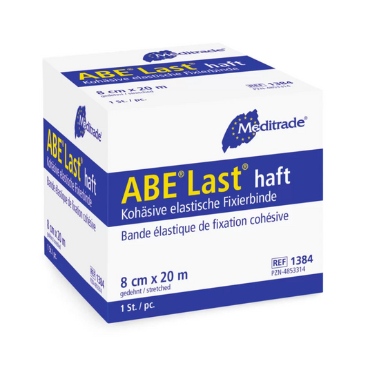 Eine Schachtel Meditrade ABE® Last® haft Fixierbinde der Meditrade GmbH in der Größe 8 cm x 20 m. Die Verpackung ist weiß und blau mit Text in deutscher Sprache, einschließlich Produktdetails.