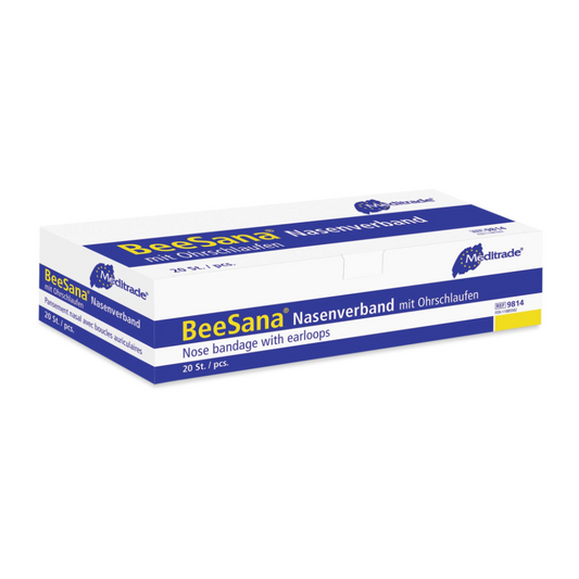 Eine Schachtel Meditrade ABE® Nasenverband für Nasenbluten mit Ohrschlaufen, weiß und blau beschriftet. Die Schachtel enthält 20 Stück und ist mit dem Logo der Meditrade GmbH versehen.