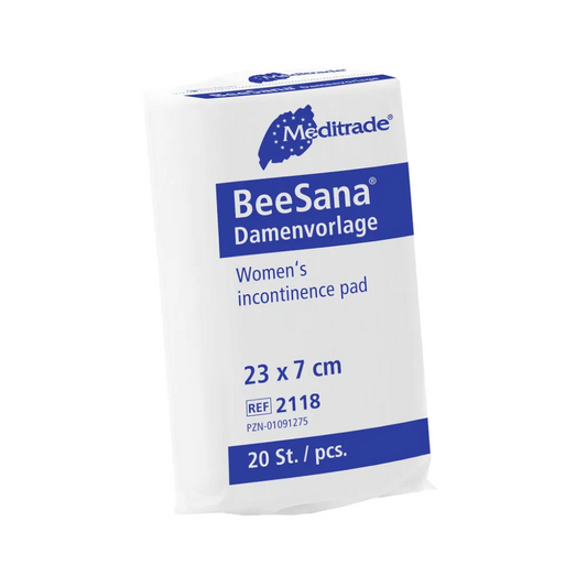 Eine Packung Meditrade BeeSana® Damenvorlage Inkontinenzeinlagen in den Maßen 23 x 7 cm, mit 20 Stück pro Packung. Die Verpackung stammt überwiegend von der Meditrade GmbH.