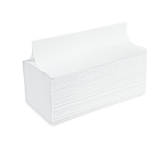 Ein Stapel schlichter, weißer, rechteckiger Meditrade Falthandtücher V-Falz auf weißem Hintergrund. Die oberste Serviette ist teilweise angehoben, sodass die sauber ausgerichteten Kanten der anderen sichtbar sind.