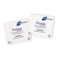 Two packs of Meditrade Froggy disposable gloves (hygiene gloves), one labeled for men and one for women, featuring a frog logo and text in German about glove hygiene.