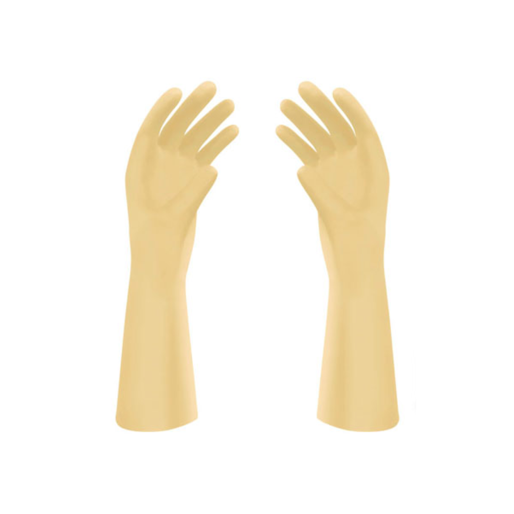 Ein Paar Meditrade Gentle Skin® Isopretex® OP-Handschuhe, isoliert auf weißem Hintergrund, aufrecht positioniert, als ob sie einsatzbereit wären.