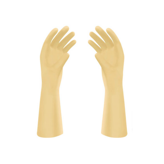 Ein Paar Meditrade Gentle Skin® Isopretex® OP-Handschuhe, isoliert auf weißem Hintergrund, aufrecht positioniert, als ob sie einsatzbereit wären.