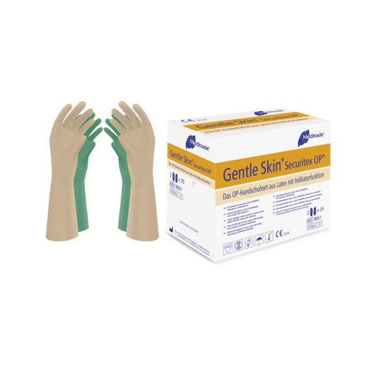 Ein Paar grüne Meditrade Gentle Skin® Securitex OP® Handschuhe steht aufrecht neben der Verpackungsschachtel mit der Aufschrift „Meditrade GmbH“ in Blau und Gelb und Produktdetails in mehreren Sprachen.