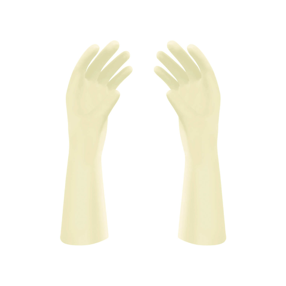 Ein Paar Meditrade Gentle Skin® Superior OP™ Latex-OP-Handschuhe, die bis zum Unterarm reichen, isoliert auf weißem Hintergrund. Die Handschuhe sind leicht gepudert und mit den Handflächen nach innen gerichtet.