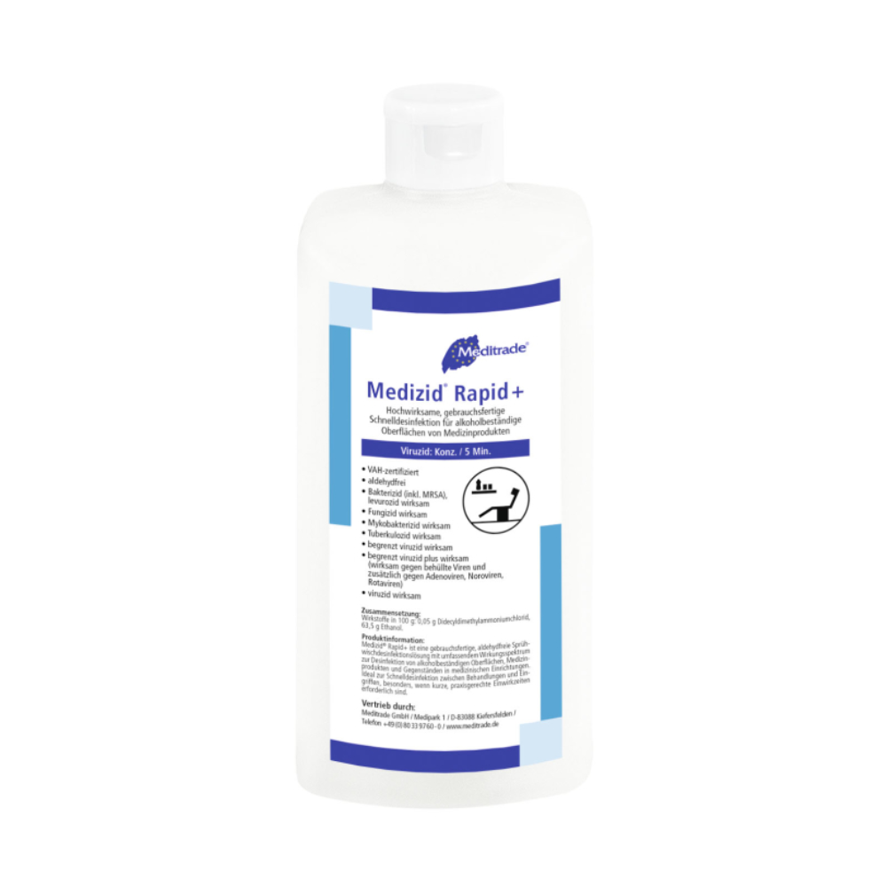 Eine weiße Plastikflasche Meditrade Medizid Rapid+ Flächendesinfektion, klassifiziert als Medizinprodukt Klasse IIa, mit blauem und schwarzem Text, der Produkteigenschaften und Gebrauchsanweisungen enthält.