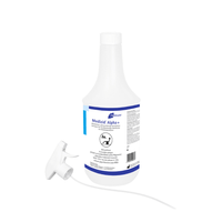 A bottle of “Meditrade Medizid® Alpha+ Surface Disinfectant” with a white label displaying product details and a barcode. The bottle has a cap and an additional spray nozzle.