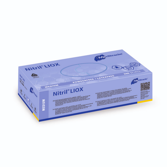 Ein 3D-Rendering einer mittelgroßen blauen Schachtel mit puderfreien Nitrilhandschuhen vom Typ „Meditrade Nitril® LIOX Untersuchungshandschuh“ der Meditrade GmbH.