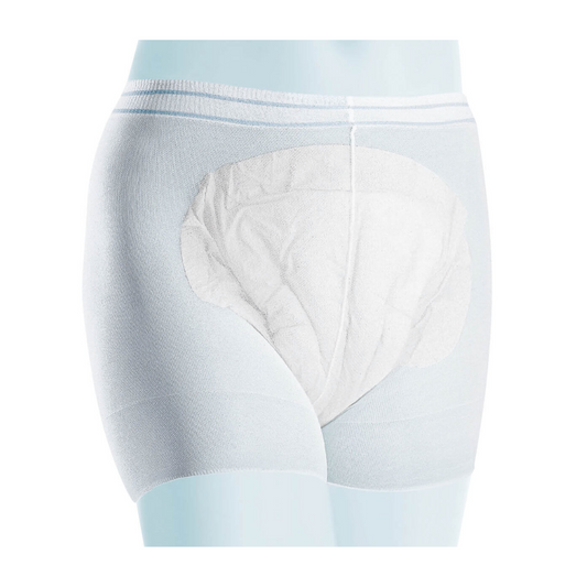 Nahaufnahme eines Paars hellblauer Meditrade Panty Fixierhöschen Inkontinenzslips für Erwachsene. Der gepolsterte Bereich für die Saugfähigkeit ist vor einem weißen Hintergrund zu sehen. Diese Slips sind Teil der Meditrade Panty-Serie.