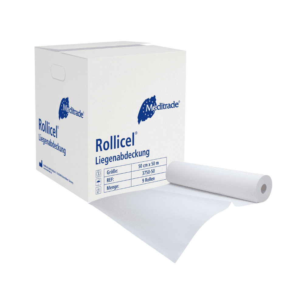 Eine weiße Schachtel mit Meditrade Rollicel® Ärztekrepp / Rolle, 39 - 59 cm x 50 m, 2-lagig der Marke Meditrade GmbH, abgebildet mit einem aus der Schachtel hervorstehenden, ausgerollten Blatt. Die Schachteldetails umfassen Produktgröße und Menge. Dieses Produkt ist auch bekannt als