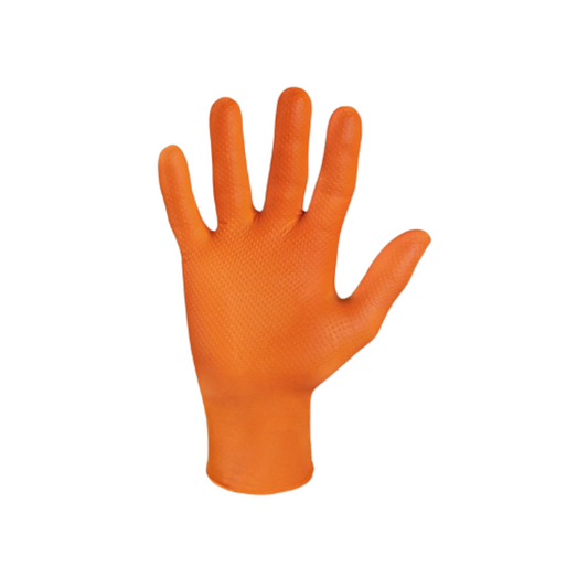 Ein orangefarbener Meditrade StellarGrip Einweghandschuh aus Nitril, isoliert auf einem weißen Hintergrund, mit gespreizten Fingern dargestellt.