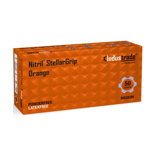 Eine Schachtel orangefarbener Meditrade StellarGrip Einweghandschuh aus Nitril, gekennzeichnet als puderfrei und latexfrei, enthält 50 Streifen mittlerer Größe. Die Schachtel ist mit einem markanten orangefarbenen Diamanten gekennzeichnet.
