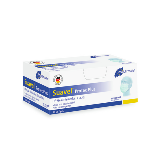 Eine Schachtel mit Einweg-Gesichtsmasken Meditrade Suavel® Protec Plus OP-Maske, grün, hergestellt von Meditrade GmbH, vor weißem Hintergrund. Die Verpackung ist in den Farben Blau, Weiß und Gelb mit Text und Logos erhältlich.
