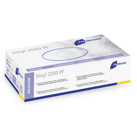 Eine Schachtel mittelgroßer Einweghandschuhe Meditrade Vinyl 2000 PF von Meditrade GmbH. Die Verpackung ist weiß mit blauen Akzenten und Text, was darauf hinweist, dass die Handschuhe puderfrei und latexfrei sind. Ideal für Patienten