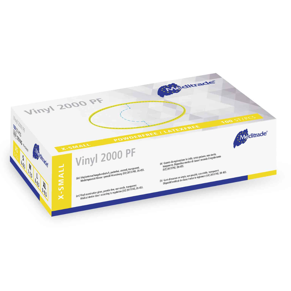 Eine Schachtel Meditrade Vinyl 2000 PF Einmalhandschuhe aus Vinyl der Meditrade GmbH, kleine, puderfreie, latexfreie Einmalhandschuhe. Die Verpackung ist hauptsächlich weiß und blau mit gelben Akzenten und für die Patientenpflege konzipiert.