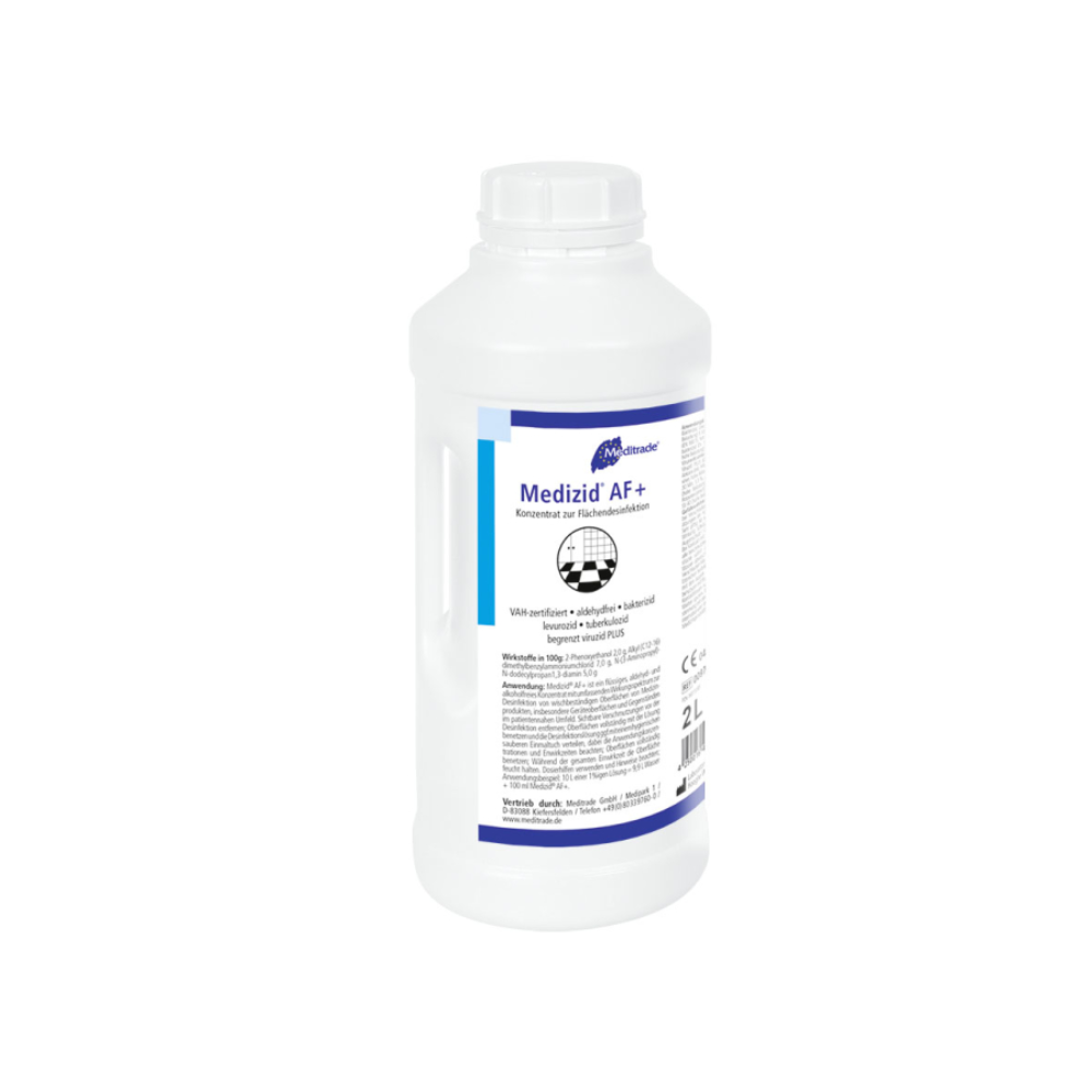 A white plastic bottle with the label "Meditrade Medizid® AF+ Surface Disinfection" and blue and black text describing its use as a surface disinfectant. The bottle contains various regulatory and safety symbols. Manufactured by Meditrade GmbH.