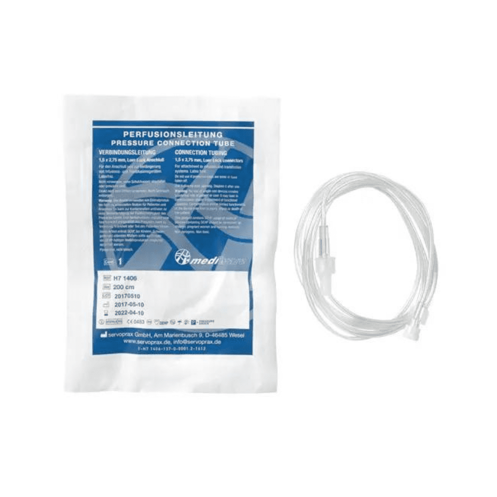 An elegantly packaged medical device labeled “Pressure Connection Hose” is accompanied by a shiny, coiled transparent hose equipped with Luer-lock connectors. The sterile packaging highlights product information in multiple languages and reflects the quality of the Mediware infusion/perfusion lines, 150 cm – 100 pieces | box (100 packs) by Servoprax GmbH.