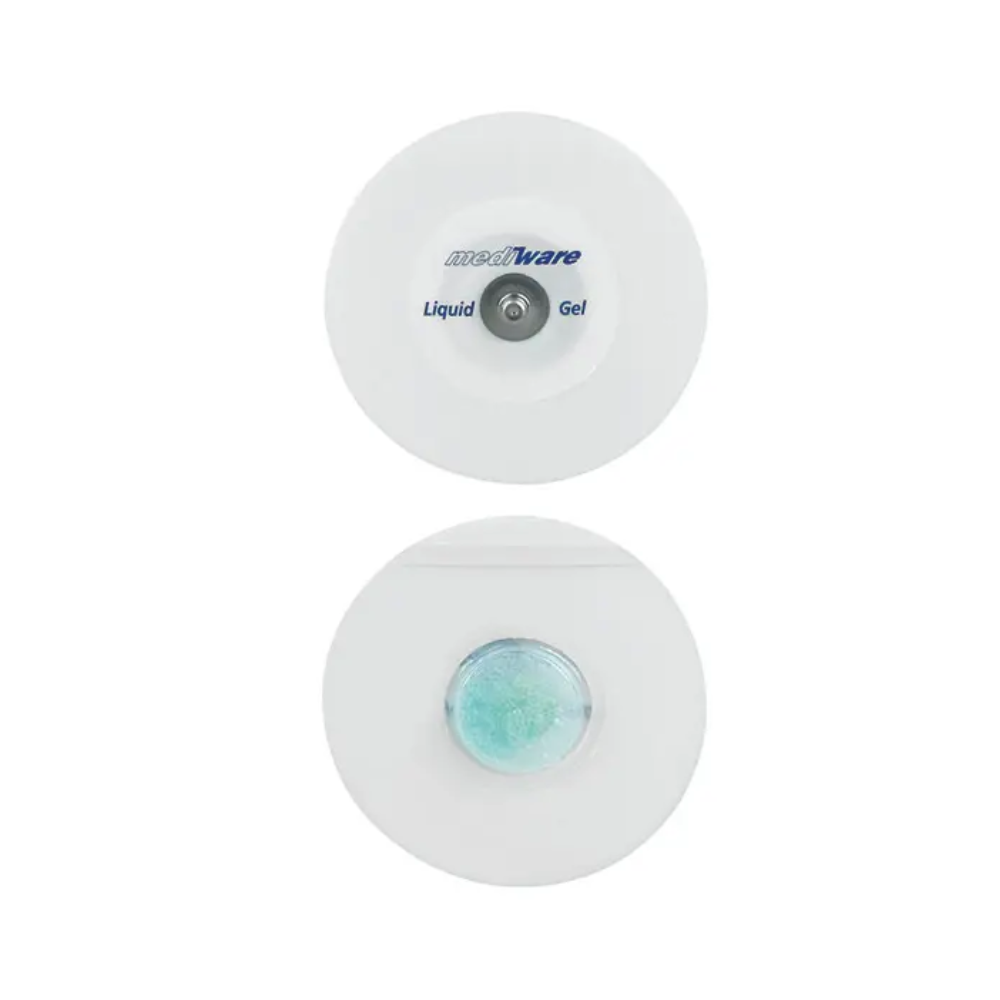 The image shows two round foam electrodes. The upper electrode bears the inscription "Servoprax GmbH", indicating the liquid gel technology. The lower electrode has a visible blue-green gel center. Both are manufactured for medical use and equipped with a snap connector for easy application.