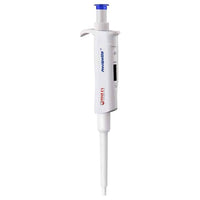 The Altruan Micropipette 10–100 µl / 20–200 µl is a white, adjustable laboratory pipette with a blue piston, digital volume display, and disposable tip; it comes in a 200-g package for easy handling and storage.