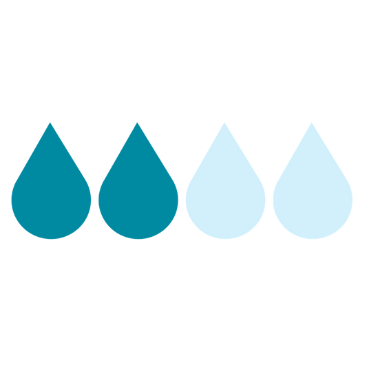 Bild, das vier Wassertropfensymbole in einer Reihe vor schwarzem Hintergrund zeigt. Die Farbe der Tropfen ändert sich allmählich von Dunkelblau links zu Hellblau rechts.
