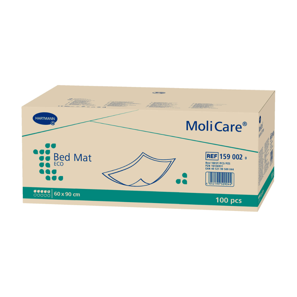 Eine Schachtel mit MoliCare® Bed Mat ECO Bettschutzunterlagen der Paul Hartmann AG, beschriftet mit der Produktgröße 60 x 90 cm und der Menge 100 Stück. Die Verpackung ist beige mit blaugrünen Akzenten und enthält eine Referenznummer.
