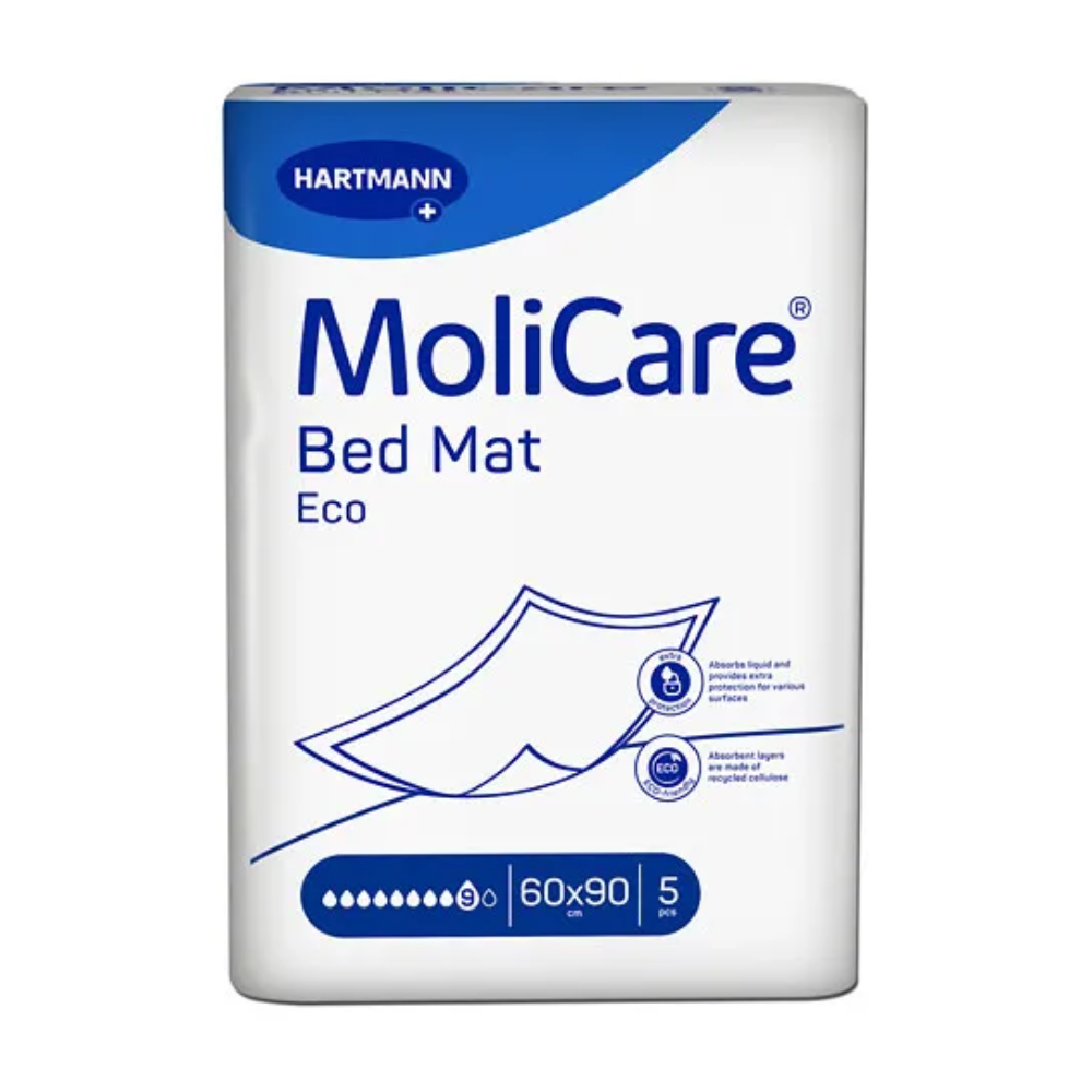 Product packaging of MoliCare® Bed Mat ECO bed protection pads by Paul Hartmann AG, in white-blue design with symbols for environmental friendliness and absorbency. The packaging has a size indication of 60x.