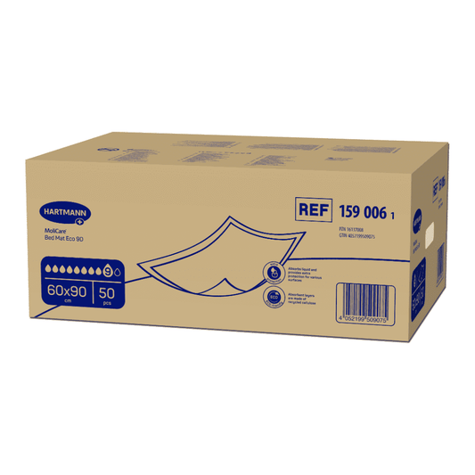 Ein Karton mit der Aufschrift „MoliCare® Bed Mat ECO Bettschutzunterlagen“ in Blau und Beige, mit prominent angebrachten Produktdetails und Barcodes für die Paul Hartmann AG.