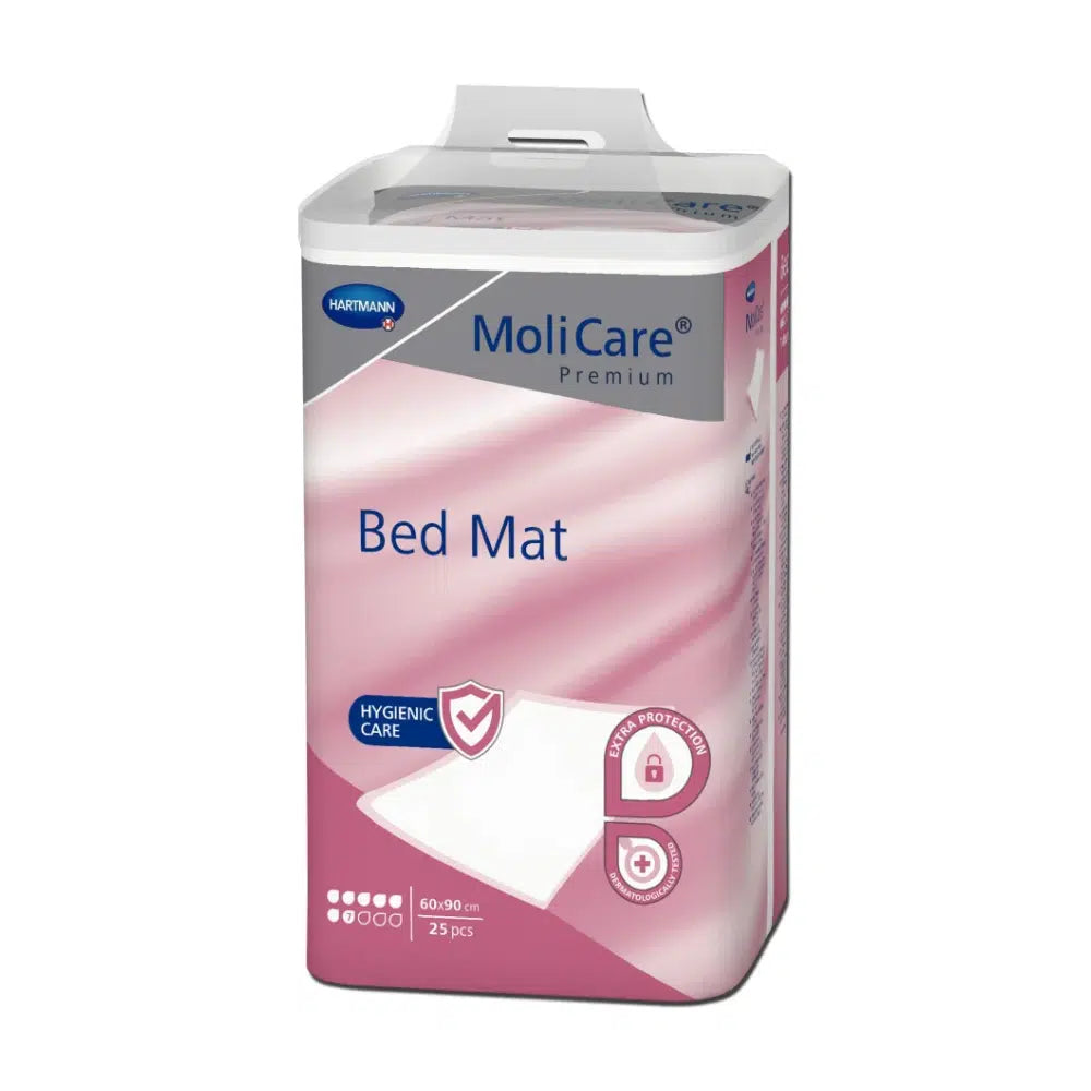 Eine Packung MoliCare® Premium Bed Mat Bettschutzunterlage 7 Tropfen mit 25 Stück, präsentiert in einem rosa-weißen Design, das Schutz und Hygiene betont, von der Paul Hartmann AG.