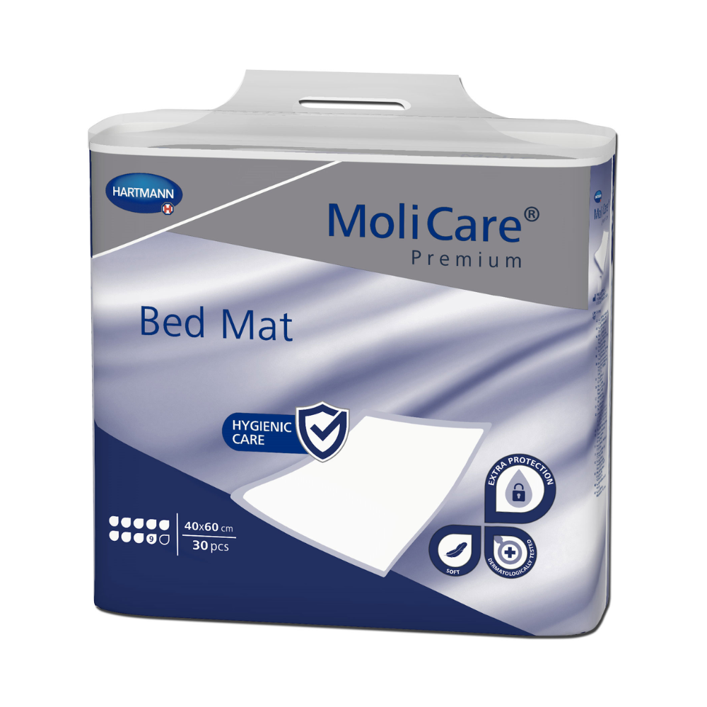 Verpackung der MoliCare® Premium Bed Mat 9 Tropfen Bettschutzeinlage der Paul Hartmann AG zeigt eine 30-Stück-Packung mit einem Etikett mit den Abmessungen 40x60 cm, abgebildet mit Symbolen für Absorption, Hygiene