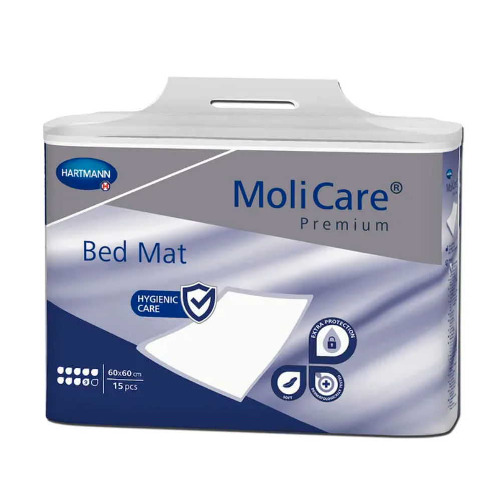 Eine Packung MoliCare® Premium Bed Mat 9 Tropfen, Größe 60 x 60 cm, enthält 15 Stück, mit Logos für Hygiene- und Komfortmerkmale auf hellblauem und