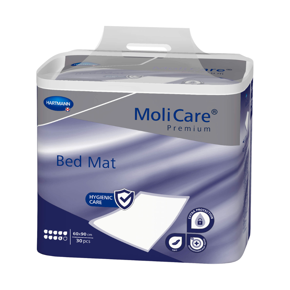 Verpackung für MoliCare® Premium Bed Mat 9 Tropfen der Paul Hartmann AG, die den Produktnamen und das Logo hervorhebt und „hygienische Pflege“ betont. Die Packung enthält 30 Stück mit den Maßen 100 Stück.