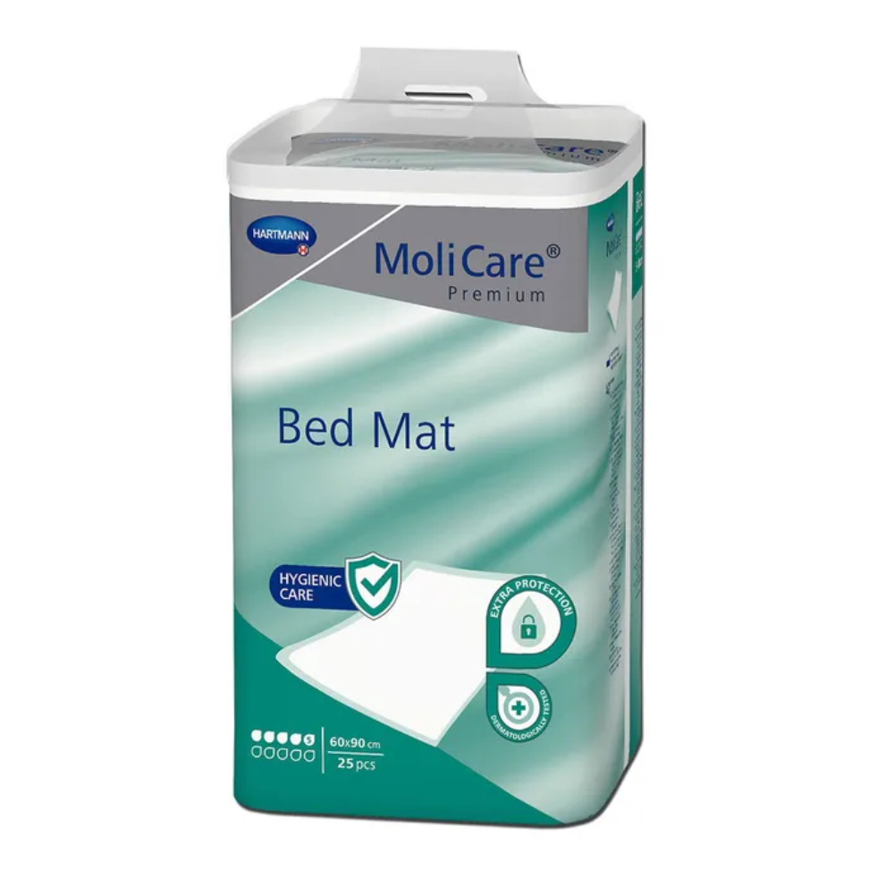 Eine Packung MoliCare® Premium Bed Mat Bettschutzunterlage 5 Tropfen der Paul Hartmann AG, die für hygienische Pflege und Bettschutz steht und 25 Stück enthält. Die Packung ist überwiegend grün und weiß und hat einen Griff an der Oberseite.